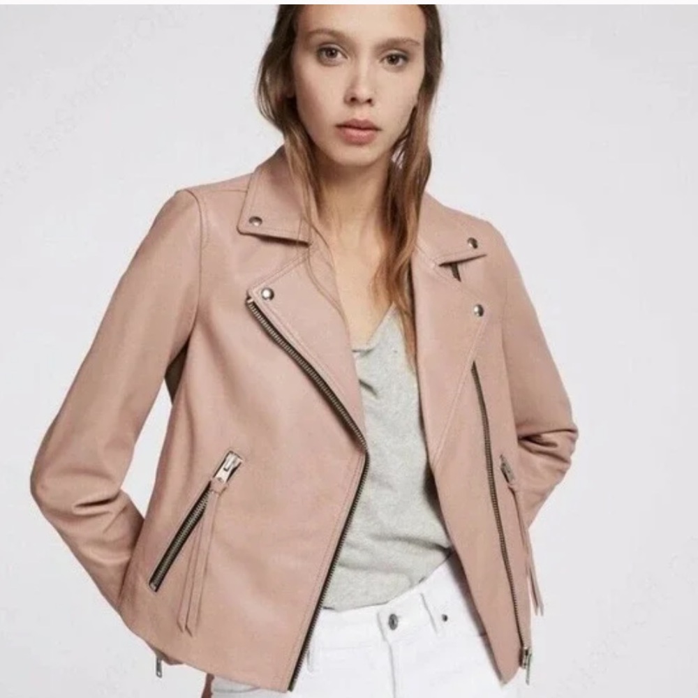 Allsaints Dalby leather moto jacket in nude pink size 4